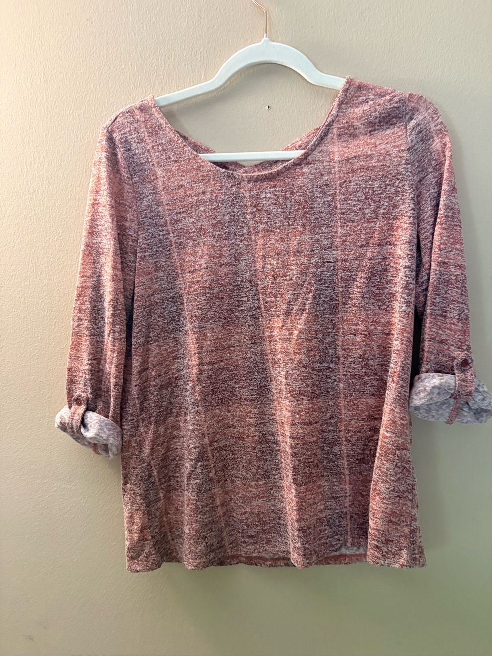 Bobeau Women's Heathered Mauve Pullover Top cuffed sleeves